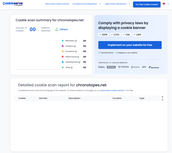 Cookie analysis of chronotopes.net with the Cookieserve tool documenting that no cookies are set for bergholt.net - neither first nor third-party cookies.
