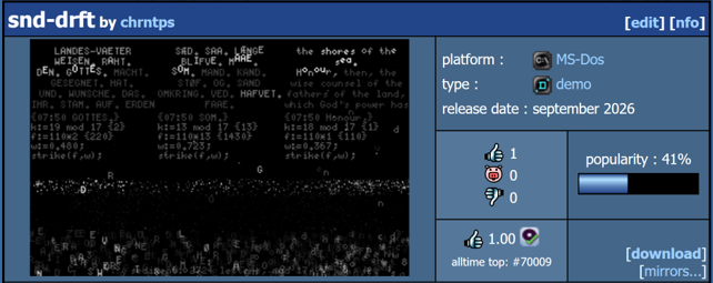 Pouët listing for snd-drft by chrntps: an MS-Dos demo released September 2026, shown with a screenshot of three columns of text above a sea of fallen letters.