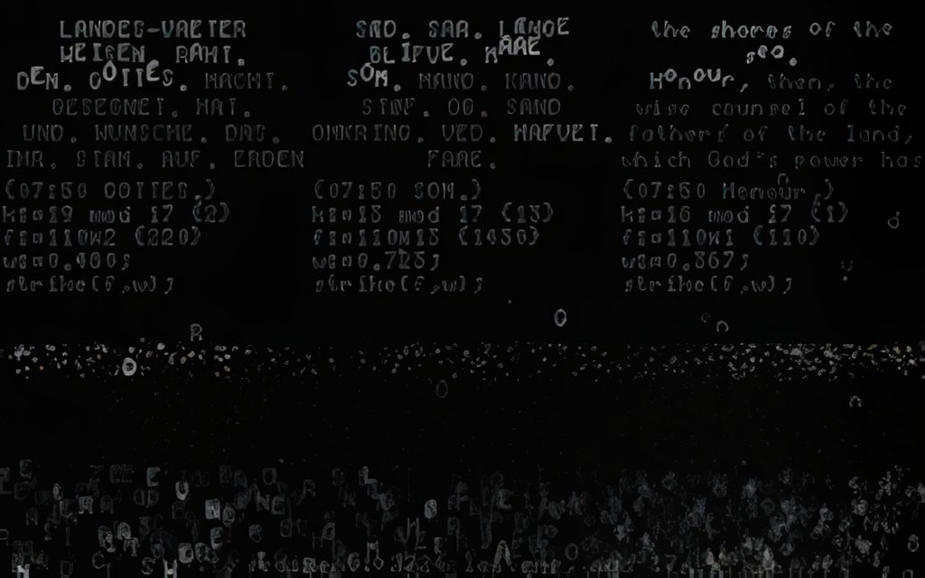 Screenshot of snd-drft running in DOSBox: German, Danish and English lines from the Sand Drift Monument's inscriptions in three columns, with lines of code beneath and a sea of fallen letters below.
